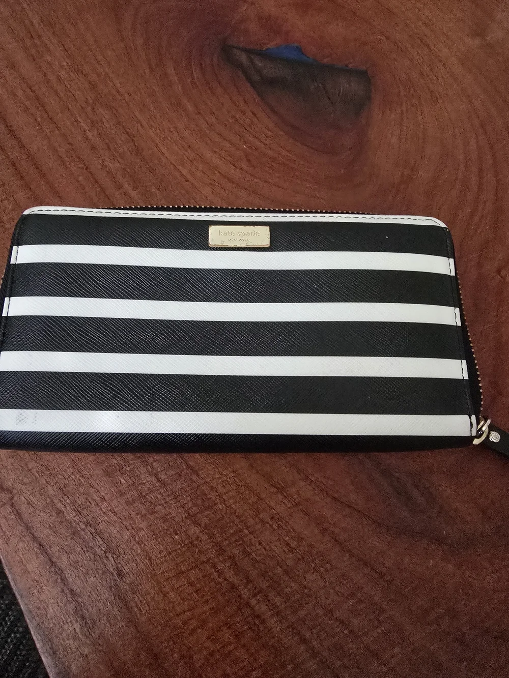 Kate Spade Black and White Striped Zip Wallet